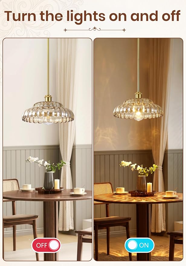 Gold Pendant Light with Glass Shade, Vintage Floral Glass Pendant Lamp for Kitchen Island, Adjustable Hanging Rods Sloped Ceiling Compatible, Living Room Bedroom Hotel-Amber