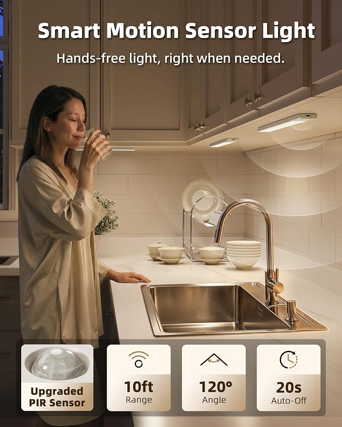 EZVALO Under Cabinet Lighting Wireless, 3Pack 12'' Rechargeable Closet Lights, LED Motion Sensor Indoor, Dimmable & 3 Color Temps Battery Operated with Power Display, for Kitchen, Stairs, Bookshelf