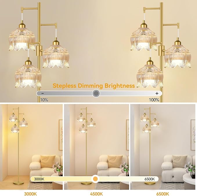 ZECOXOL Gold Floor Lamps for Living Room Bedroom-3 Light Glass Floor Lamp with Three Led Bulb,Mid Century Standing Lamp Vintage Brass Tall Lamp Tree Floor Lamp