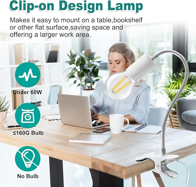 Desk Clip Lamp Holder, Clip on Light with Metal Clip Base,360° Flexible E26/E27 Book Clamp Light Fixture with 7.2 FT Cable, 9MM&350MM Thickened Lengthened Gooseneck Clamp Light Socket, for Study Work