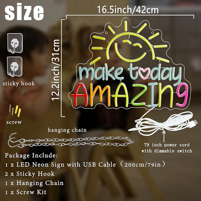 Make Today Amazing Neon Sign Inspirational Letter Neon Light for Wall Decor | Lemon Yellow Sunrise LED Neon Lights Sign for Classroom Office Bedroom Wedding Cafe Birthday Party Backdrop Decorations