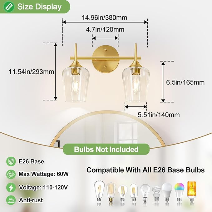 2-Light Bathroom Light Fixtures, Gold Vanity Lights for Bathroom with Clear Glass, Bathroom Lighting Fixtures Over Mirror, Modern Wall lamp for Cabinet Hallway
