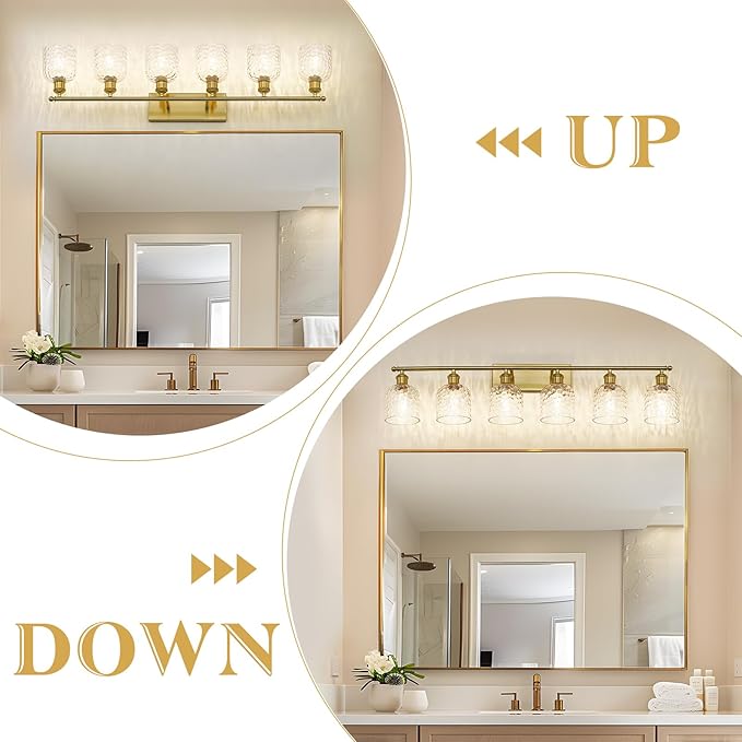 zeyu 42.2'' Modern Bathroom Gold Light Fixture, 6 Light Bathroom Lighting Fixtures Over Mirror Bedroom, Brushed Gold Finish with Clear Hammered Glass, ZJF63B-6W BG
