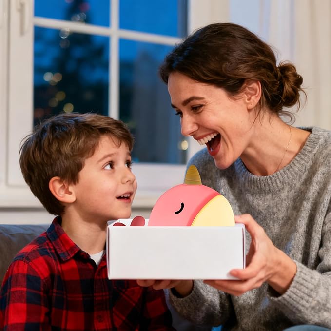 Cute Narwhal Night Light, Tap Control with 3 Warm White Brightness, USB Kids Bed Lamp with 30-Minute Timer, Soft Silicone Glow for Nursery, Birthday Gift(Pink Narwhal)