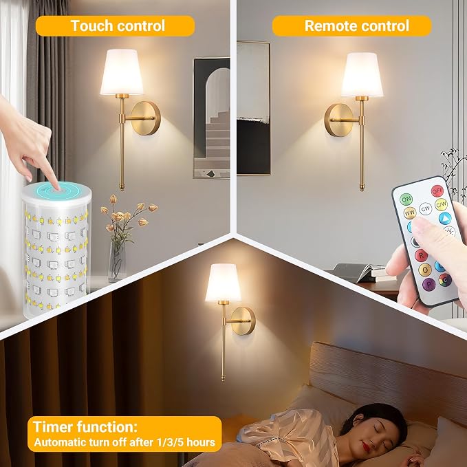 Vimhou Peel and Stick Wall Sconces, Stick On Wall Sconce Set of 2, Battery Operated Wireless Wall Light, No Drill Adhesive Wall Lamp, Corn Bulb with 10000mAh Rechargeable Battery, Bedroom Wall Decor