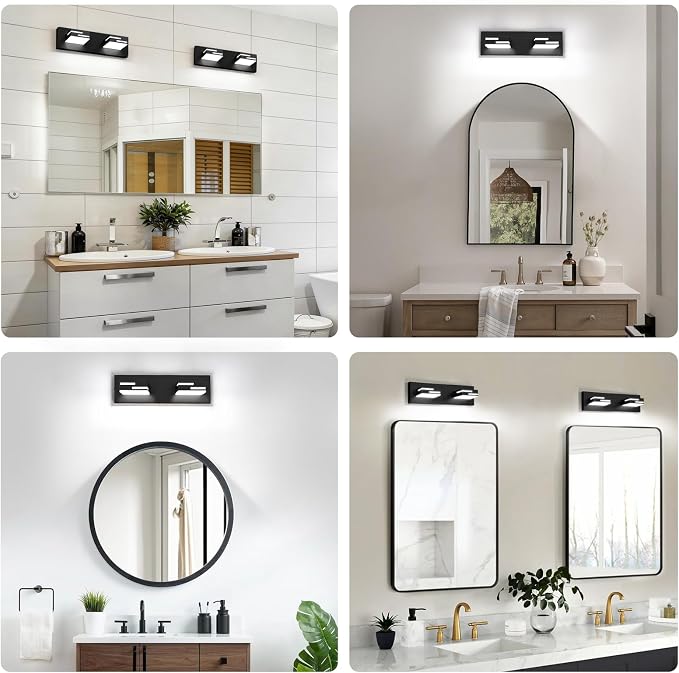 LED Modern Bathroom Vanity Light Fixtures, Dimmable Matte Black Vanity Lights for Bathroom Lighting Fixtures Over Mirror, with 360° Rotatable Acrylic Heads 2-Light 16-inch (Cool White 6000K)
