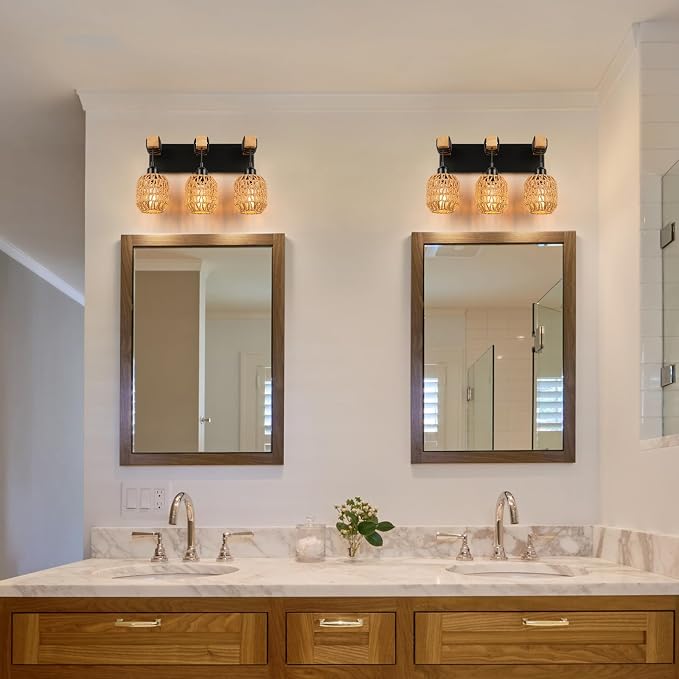 foucasal Bathroom Vanity Light Fixtures, 3-Light Farmhouse Bathroom Light | Light Fixtures Over Mirror, Rustic Boho Wood Sconces Wall Lighting with Woven Lampshade for Living Room, Bedroom, Hallway