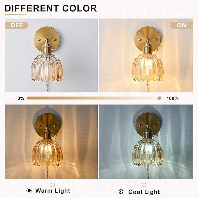 Plug in Wall Sconces Set of 2, Vintage Wall Sconce Light with Tulip Amber Glass Lampshade, Bedroom Wall Sconce with Switch and Plug in wall lamp Cord, Gold Wall Light Wall Decor Set of 2