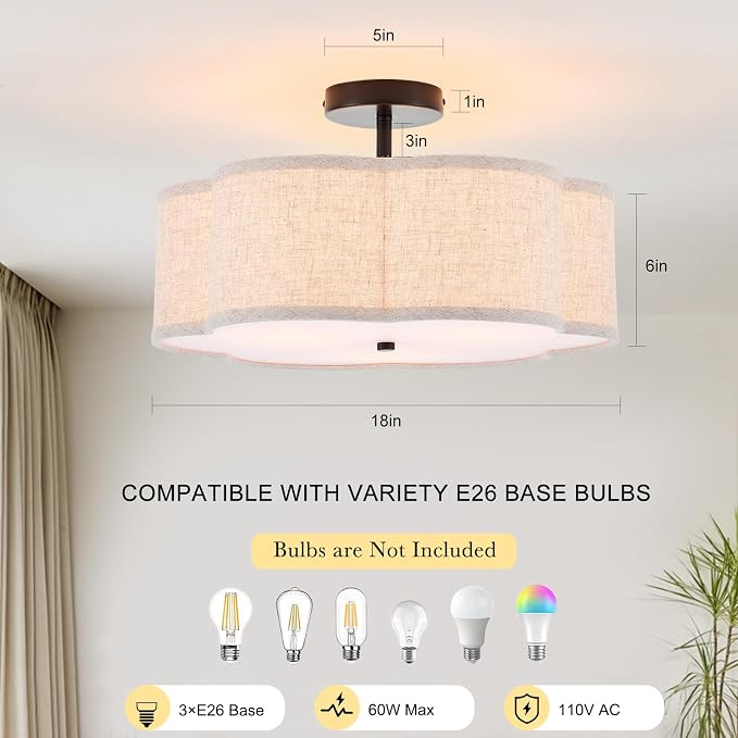 18" Black Semi Flush Mount Ceiling Light, Linen 3-Light Fixture | Beige Linen Petal Shade, Modern Farmhouse Style For Bedroom, Kitchen,Hallway And Laundry; Close-To-Ceiling, E26, Easy Install