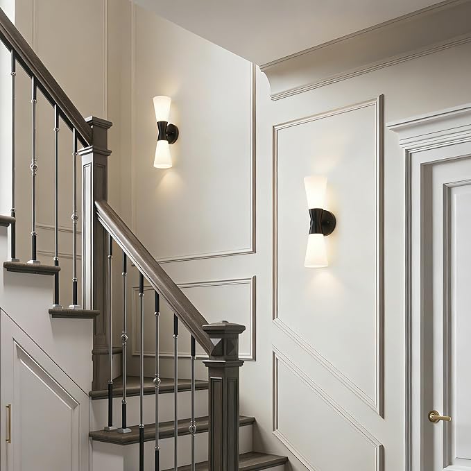 Wall Sconces Set of 2 for Bathroom, Modern Indoor Vanity Light Fixtures 15", Up Down Lighting, Wall Mount Lamp for Living Room Bedroom Hallway Stairway Fireplace Mirror E26 Base 2PC White&Black