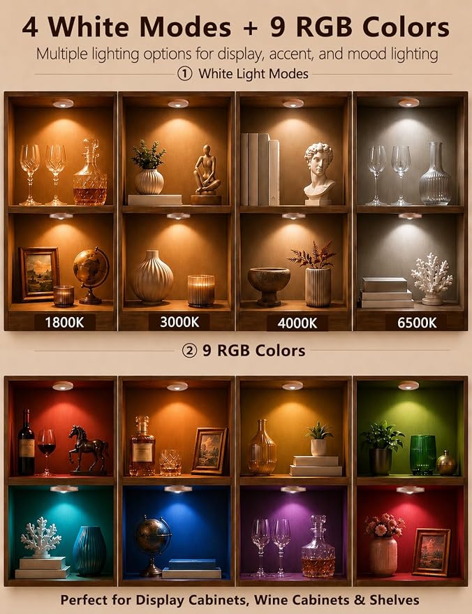 Puck lights with remote, 2000mAh rechargeable cabinet light, Under Cabinet Lighting Wireless, Display Cabinet, Dimmable Magnetic Stick-On Shelf , push lights battery operated，(Wood Color, 3 Pcs)