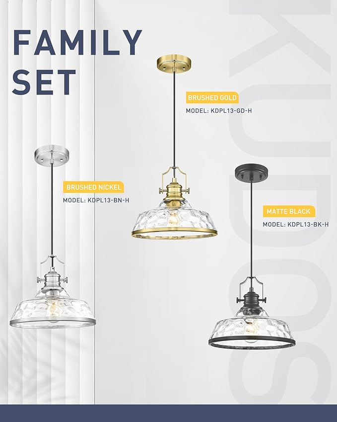 kudos Pendant Lights Kitchen Island, 11" Black Pendant Lights with Clear Hammered Glass Shade, Farmhouse Large Hanging Light Fixture for Kitchen Sink Dining Room, KDPL13-BK-H
