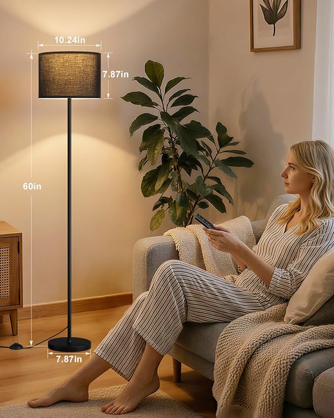 Dimmable Floor Lamp for Living Room with Remote, 9W 900LM LED Bulb Included, Black Shade Black Pole