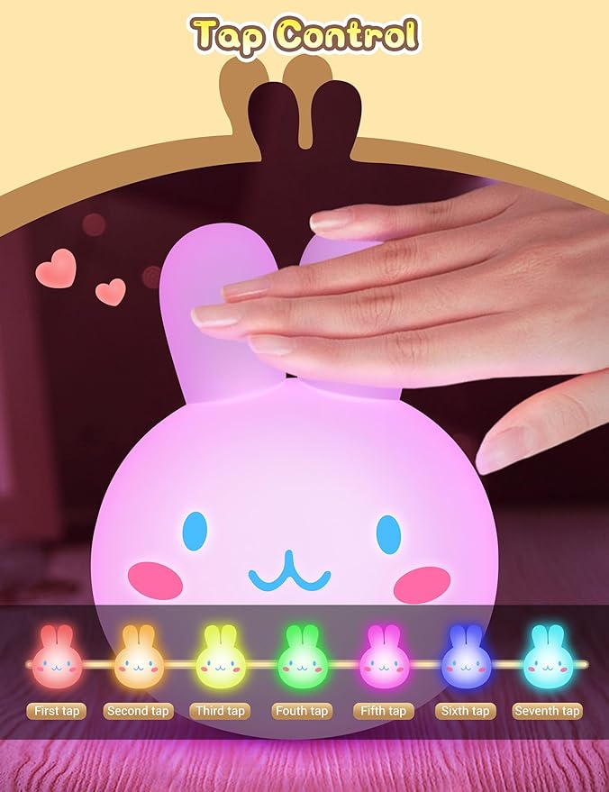 LOHAS Bunny Ice Cream Cute Night Lights, 7 Colors Kawaii Desk Decor, Pat Control and Rechargeable Base, Funny Gift, Bedroom and Nursery Décor