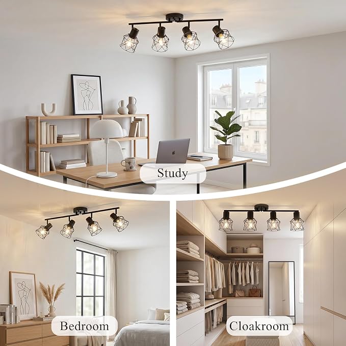 SOTTAE 4-Light Track Ceiling Light, Black Metal Birdcage Semi Flush Mount Ceiling Light, Adjustable Multi-Directional Spot Light, Farmhouse Ceiling Lamp for Living Room Kitchen Dining Bedroom Hallway