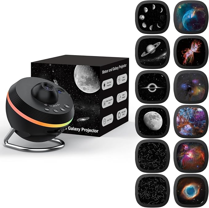 Galaxy Projector, Star Projector Planetarium with 13 Disc for Bedroom Deko | 5K HD Projection • Dynamic Meteor • RGB Ambient Light Strip • Auto Timer • Expandable Slide Set • Gift for Kids & Adults