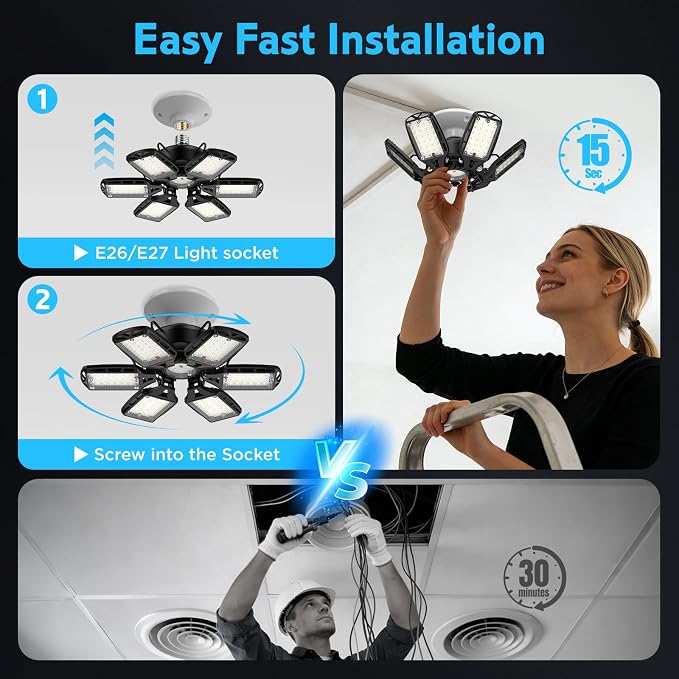 LED Garage Lights 1 Pack, 18000LM 180W Deformable Shop Light with 6+1 Adjustable Panels, 6500K Daylight White Ceiling Light for E26 Base, Ideal for Garage/Basement/Barn