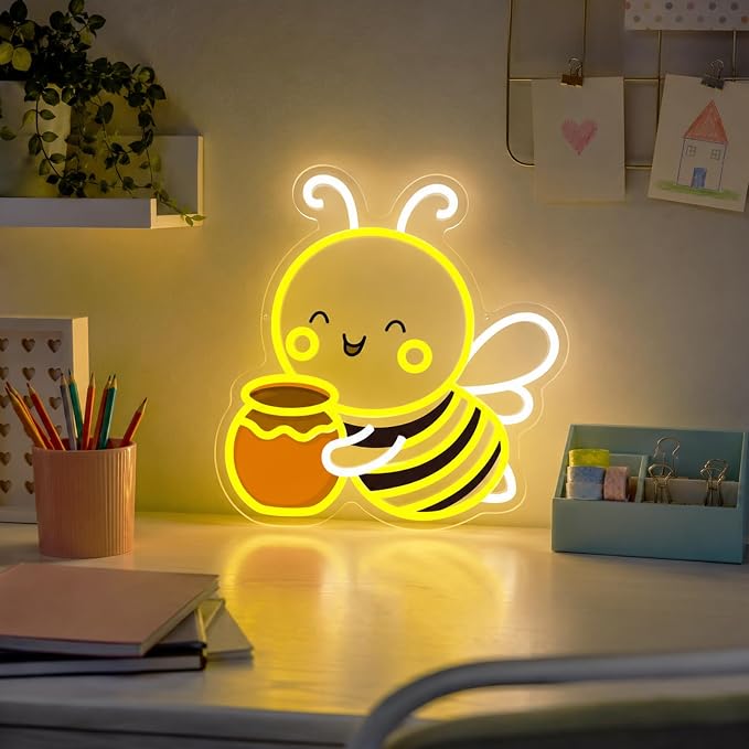 Bee Neon Sign Wall Art Cute Animal Neon Sign Honey Bee Lights Decor | Dimmable Bee Neon Light for Nursery, Kids Room, Bedroom, Living Room, Playroom, Bee Themed Decor and Nature Lovers Gift