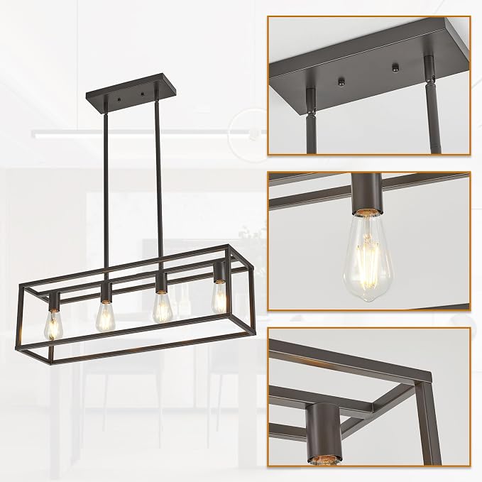 Farmhouse Rectangle Chandeliers for Dining Rooms, Modern Linear Hanging Light Fixture Matte Oil-Rubbed Bronze 4-Light Industrial Pendant Lighting for Kitchen Island