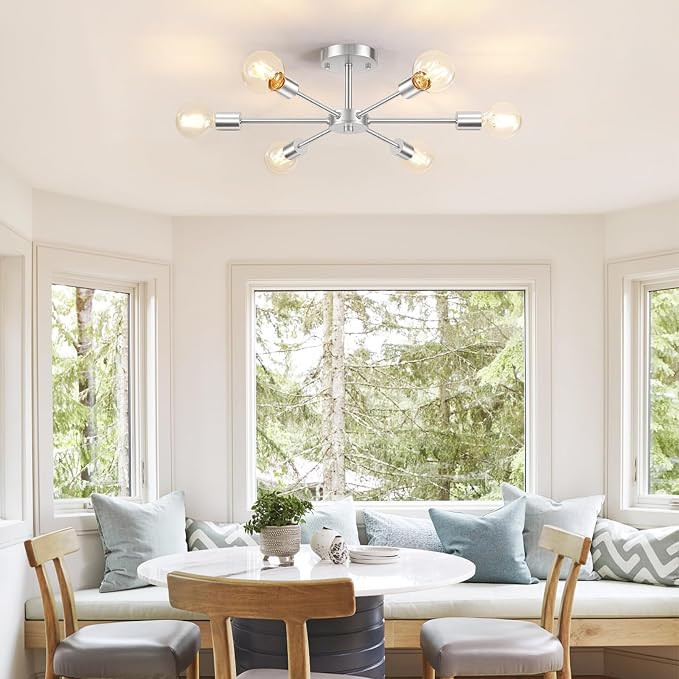 Lomoky 6-Lights Brushed Nickel Kitchen Light Fixtures Ceiling Mount, Modern Semi Flush Mount Ceiling Light, Sputnik Close to Ceiling Light for Bedroom Dining Room Hallway