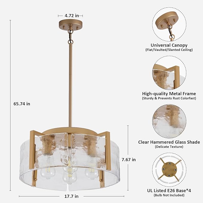 Gold Chandeliers for Dining Room Light Fixture, 4-Light Foyer Lighting Fixtures Pendant Lights Kitchen Island, Adjustable Modern Farmhouse Chandelier for Entryway Bedroom Bathroom Foyer Living Room