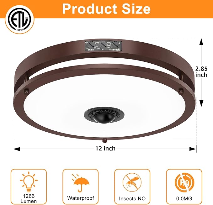 12" LED Motion Sensor Outdoor Ceiling Light Porch Lamp, 5CCT, 24W | Dusk to Dawn, 2700K/3000K/3500K/4000K/5000K Dimmable, 4 Lighting Modes, Flush Mount Ceiling Light for Entryway, Brown