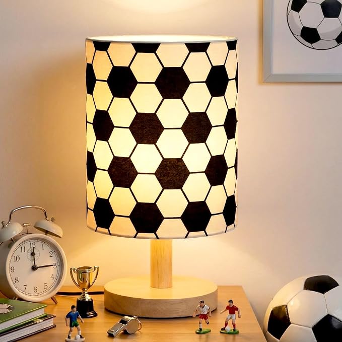 Soccer Kids Table Lamp for Bedroom Kids Bedside Lamp with Linen Wooden Nightstand Cartoon Nursery Lampshade for Girls Boys Living Room