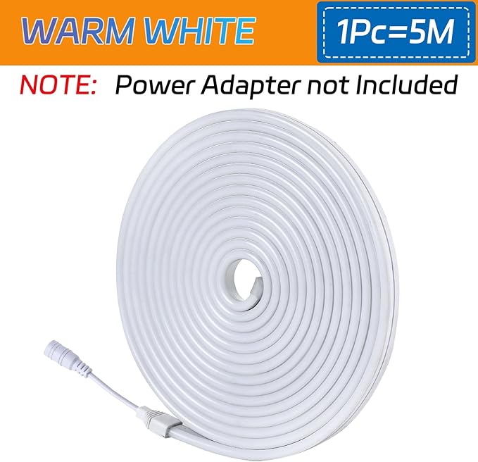 Neon Rope Lights - Cuttable and Dimmable Neon Light Strip 16.4ft/5m Neon Led Strip Lights 12V for Lighting Decoration Indoors Outdoors [ No Power Adapter] Warm White