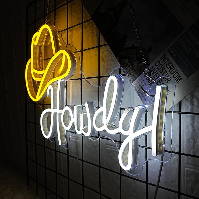 Cowboy Hat Neon Sign Howdy Cowboy Neon Signs Cool LED Neon Lights Dimmable Neon Signs USB Powered for Gameroom, Man Cave Beer Bar Cafe Recreation Room(Yellow White)