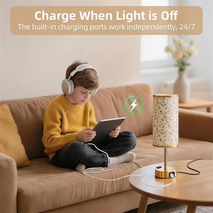 Table Lamp for Nightstand, High-Sensitivity Touch, 3-Level Dimmable Bedside Lamp with AC Outlet | USB | and USB-C, Ideal Night Stand Lamp for Bedroom, Reading, Living Room(Triangle&Gold)