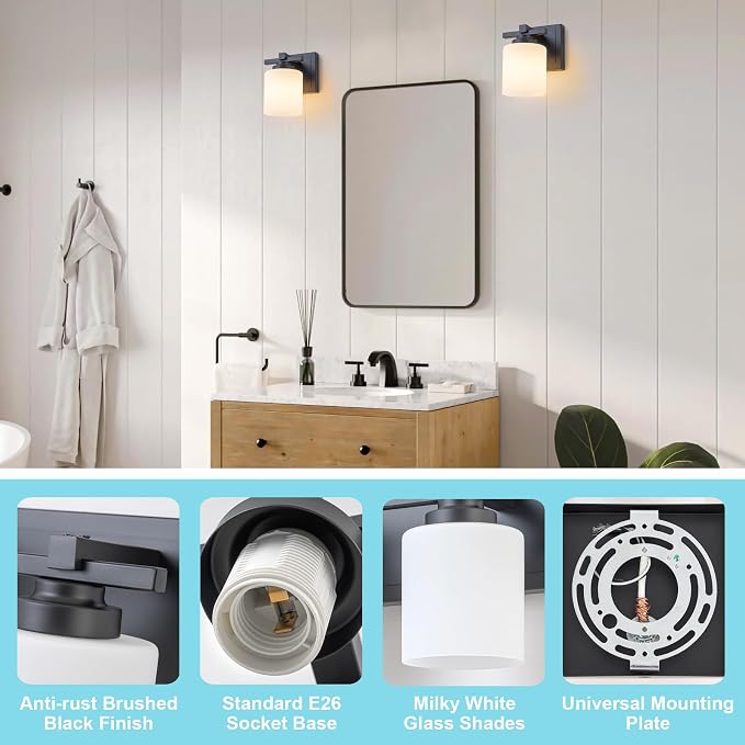 Modern Bathroom Light Fixtures Over Mirror, Vanity Lights for Bathroom Wall Sconces with Milky White Glass Shades, E26 Socket (Bulbs Not Included), 1 Light, Black