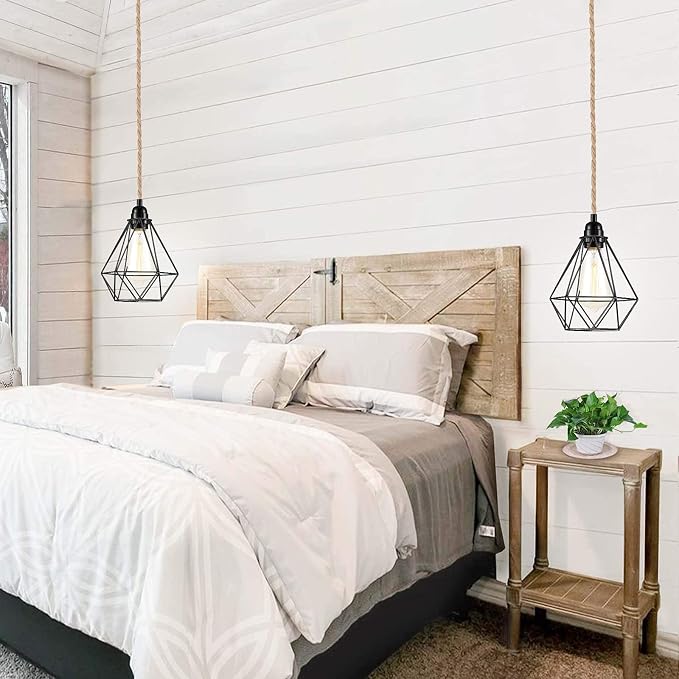 FRIDEKO HOME Farmhouse 15ft Pendant Lights - Hanging Lights with Plug in Cord Hemp Rope Pendant Lights Rustic Hanging Lamps that Plug into Wall Outlet for Kitchen Island Bedroom DIY Decor - 2 Pack