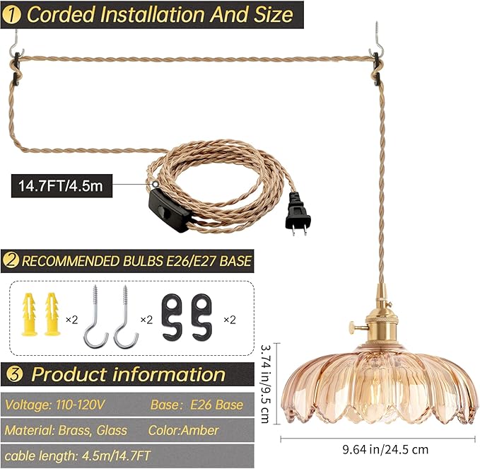 Plug in Pendant Light Hanging Light Fixtures with Plugin Cord On/Off Switch,Amber Scindapsus Glass Lampshade Brass Pendant Light