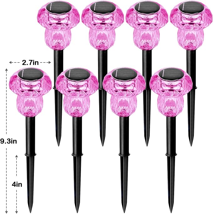 Solar Pathway Lights Outdoor 8 Pack Pink Garden Mushroom Decor | Waterproof Garden Outside Yard Walkway Landscape Path Lighting, LED Auto On/Off Decorations, Acrylic Diamond-like Lampshade
