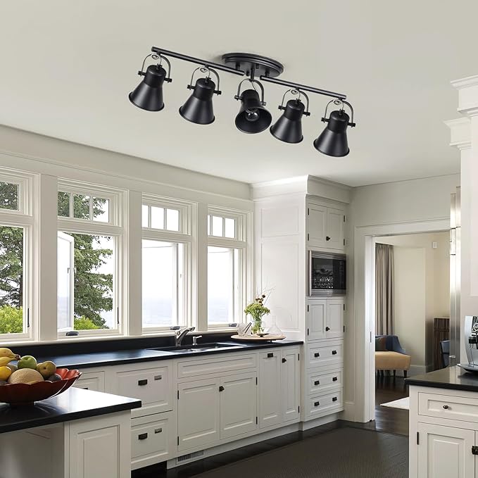 SEEBLEN 5-Light Track Lighting Kit, Directional Ceiling Light, Industrial Black Kitchen Track Lighting Fixtures Ceiling for Kitchen, Living Room, Dining Room, Hallway.