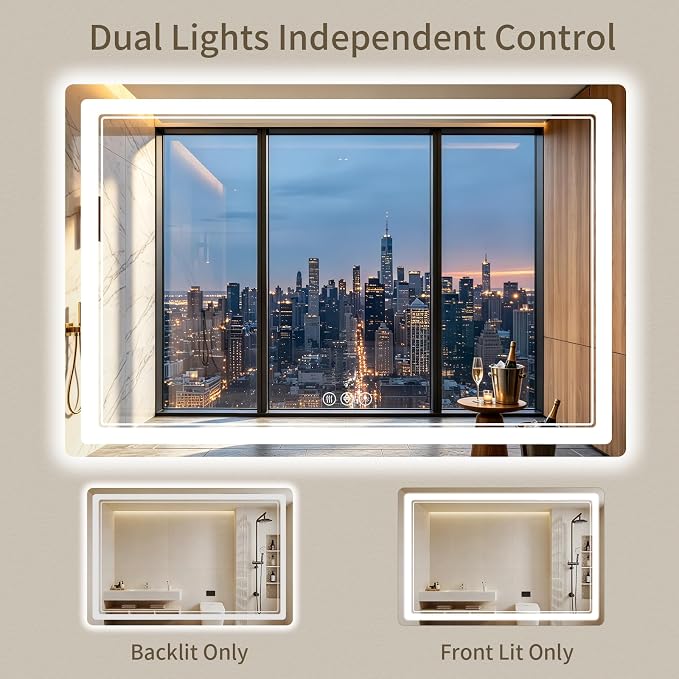 40"x60" LED Bathroom Mirror with Lights, Backlit + Front Lit, Anti-Fog, Lighted Bathroom Mirror for Wall, HD Shatterproof Tempered Glass, Dimmable, Memory Function (Horizontal/Vertical)