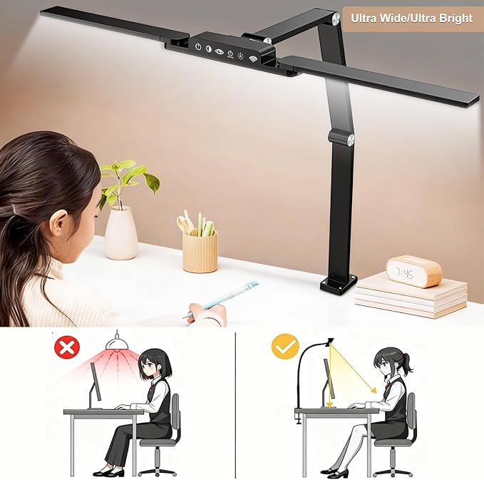 24W LED Desk Lamp with 2-in-1 Weighted Base & Clamp, 26.8" Dual Monitor Light Bar, Remote, Eye-Caring Red Light Beads, Stepless Dimming, Adjustable Architect Swing Arm for Home Office, Black | Weighted base option, remote control, eye-caring red beads,...