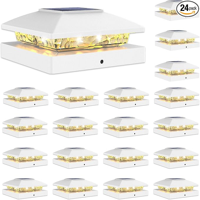 VOLISUN 24 Pack White Solar Post Cap Lights Fit 4x4 Fence Deck Post | Waterproof outdoor lighting, warm white glow, fits wooden & vinyl 4x4 posts, solar powered for yard patio fence deck