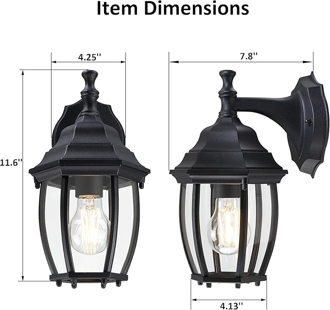 Outdoor Wall Light Fixture, Rustproof Aluminum, Glass | Large Exterior Porch Light Wall Sconce Lantern for House, Patio, Garage, Waterproof, E26 Socket 60W Max, Black