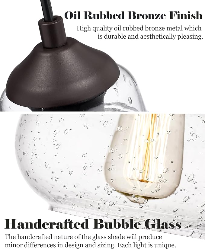 ELYONA 2 Pack Bubble Glass Pendant Lights, 8 Inch Vintage Hanging Lamp Seeded Glass Industrial Pendant Light Fixtures for Kitchen Island, Farmhouse, Bar, Bathroom, Dining Room, Oil Rubbed Bronze