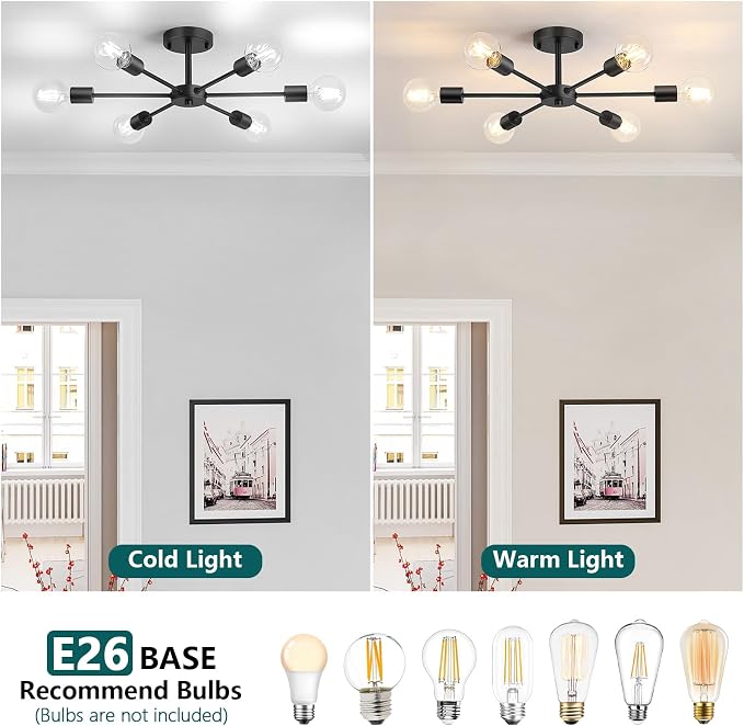 Lomoky 6-Lights Semi Flush Mount Ceiling Light, Matte Black Close to Ceiling Lighting with E26 Base, Modern Sputnik Light Fixtures for Kitchen Dining Room Bedroom Living Room
