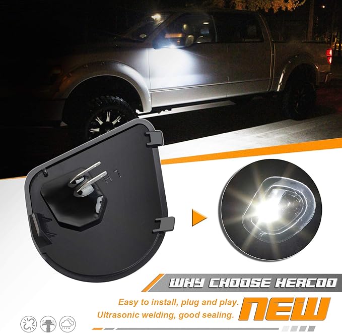 HERCOO LED Puddle Lights Left and Right Side Mirror White Lamps Smoked Lens Compatible with 2010-2018 Dodge Ram 1500 2500 3500, Pack of 2