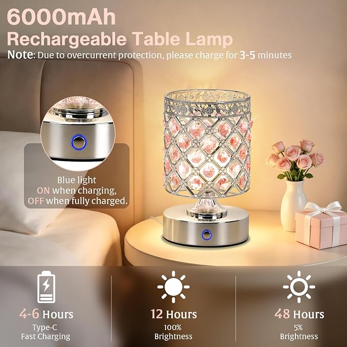 Pink Crystal Rechargeable Cordless Table Lamp, Touch Small Desk Lamp | 6000mAh Battery, 3 Color Temps, Stepless Dimming, USB Charging, Portable Wireless Night Light for Bar Bedroom Living Room