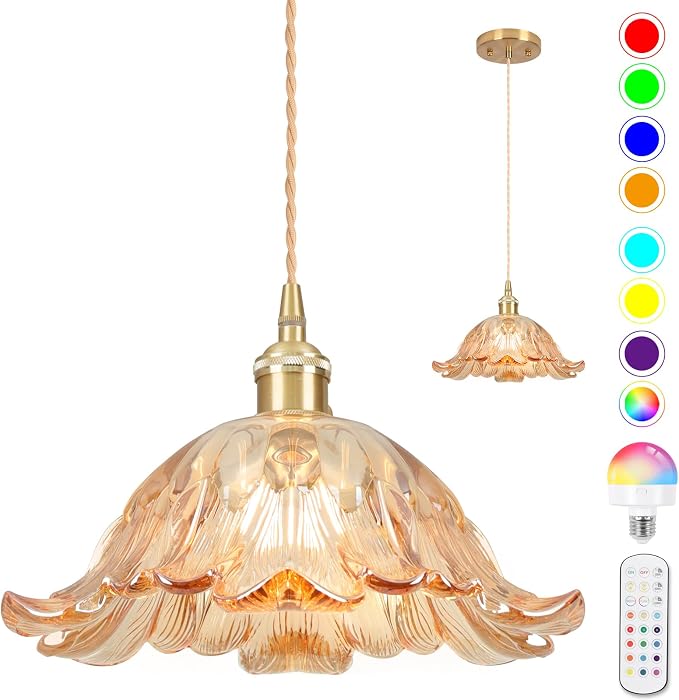 Battery Operated Pendant Light,Amber Chandelier RGB Light Bulb 2500mAh 11in Vintage Light Fixtures with Remote Control Wireless Adjustable Rechargeable Chandelier for Kitchen Island Hallway 1Light