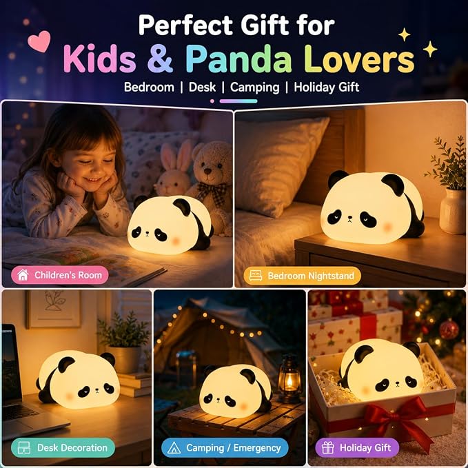 Cute Panda Night Light for Kids, 7-Color Changing Silicone Squishy Lamp, Tap Control USB Rechargeable Portable Night Light for Baby Nursery, Bedroom Desk Decor, Birthday Christmas Gift