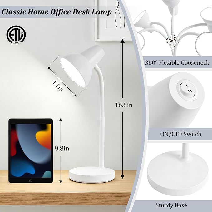 LED Desk Lamps for Home Office, Flexible Gooseneck Eye-Caring Study Lamps | Energy-Saving Desk Light, Anti-tip Heavy Duty Bedside Reading Light, Desk Lamps for College Dorm, Home Office, with 1.6m Cord