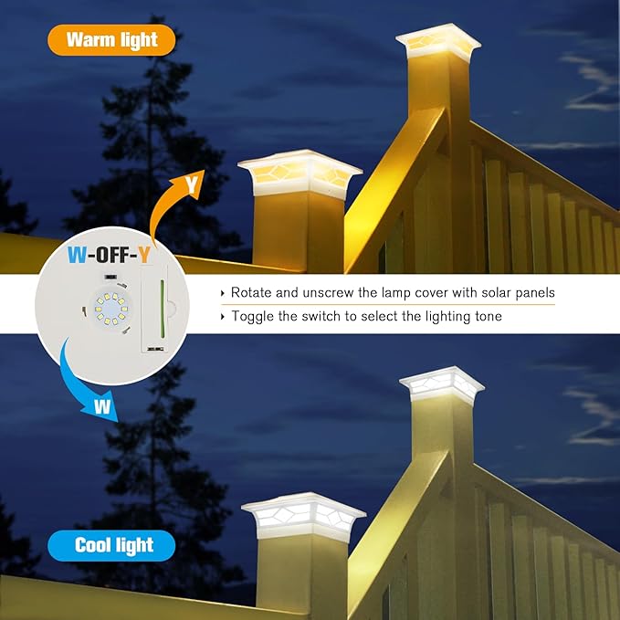 Solar Fence Post Lights 6pack, Cap Lights for 4x4/5x5 Vinyl Fence and 4x4/6x6 Wooden Post, Warm White/Cool White Lighting, White Solar Cap Outdoor Waterproof Decorate Garden Pathway Deck Patio