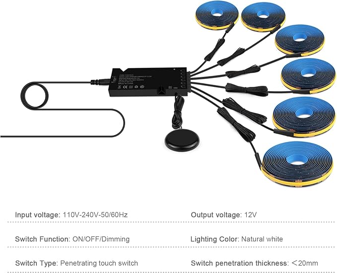 Black Cabinet Light COB LED Strip Lights | 6 pack penetrable touch dimmable suitable for display cabinet wine rack and backdrop lighting (Natural White, 9.9ft / 3M)