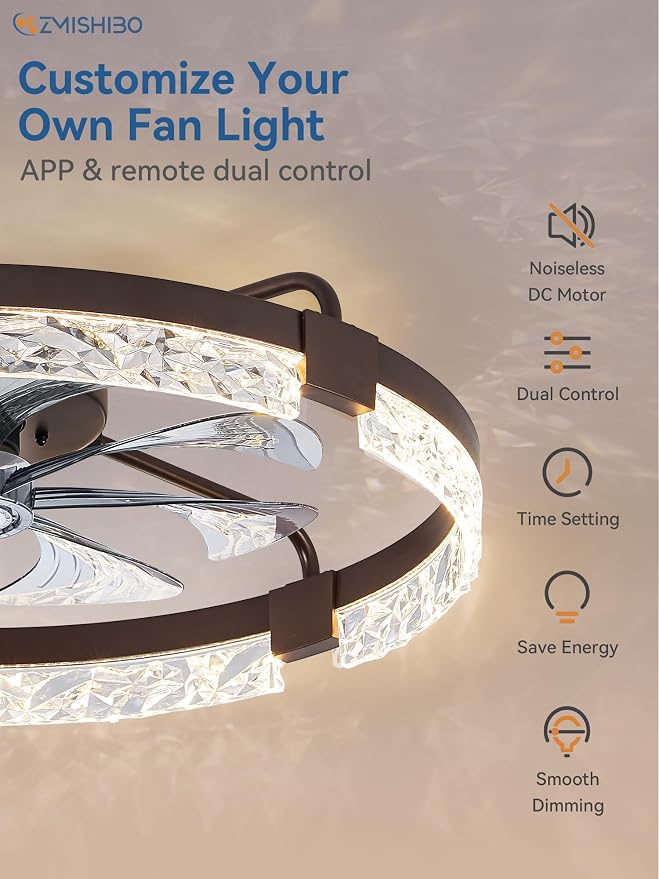 ZMISHIBO 24 Inch Ceiling Fans with Lights, Flush Mount Remote & App Control | 3CCT Dimmable LED, DC Motor, Bladeless, Reversible Blade, 6 Speeds, Modern, Low Profile, Enclosed, Bedroom, Kids, Girl, Adult