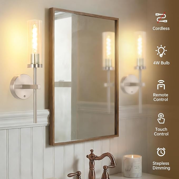 Shenmoyl Battery Operated Wall Sconces Set of 2, Nickel Rechargeable Wall Lighting Fixtures, Dimmable Wall Lights with Remote & Clear Glass Shade for Living Room, Bathroom,Bedroom